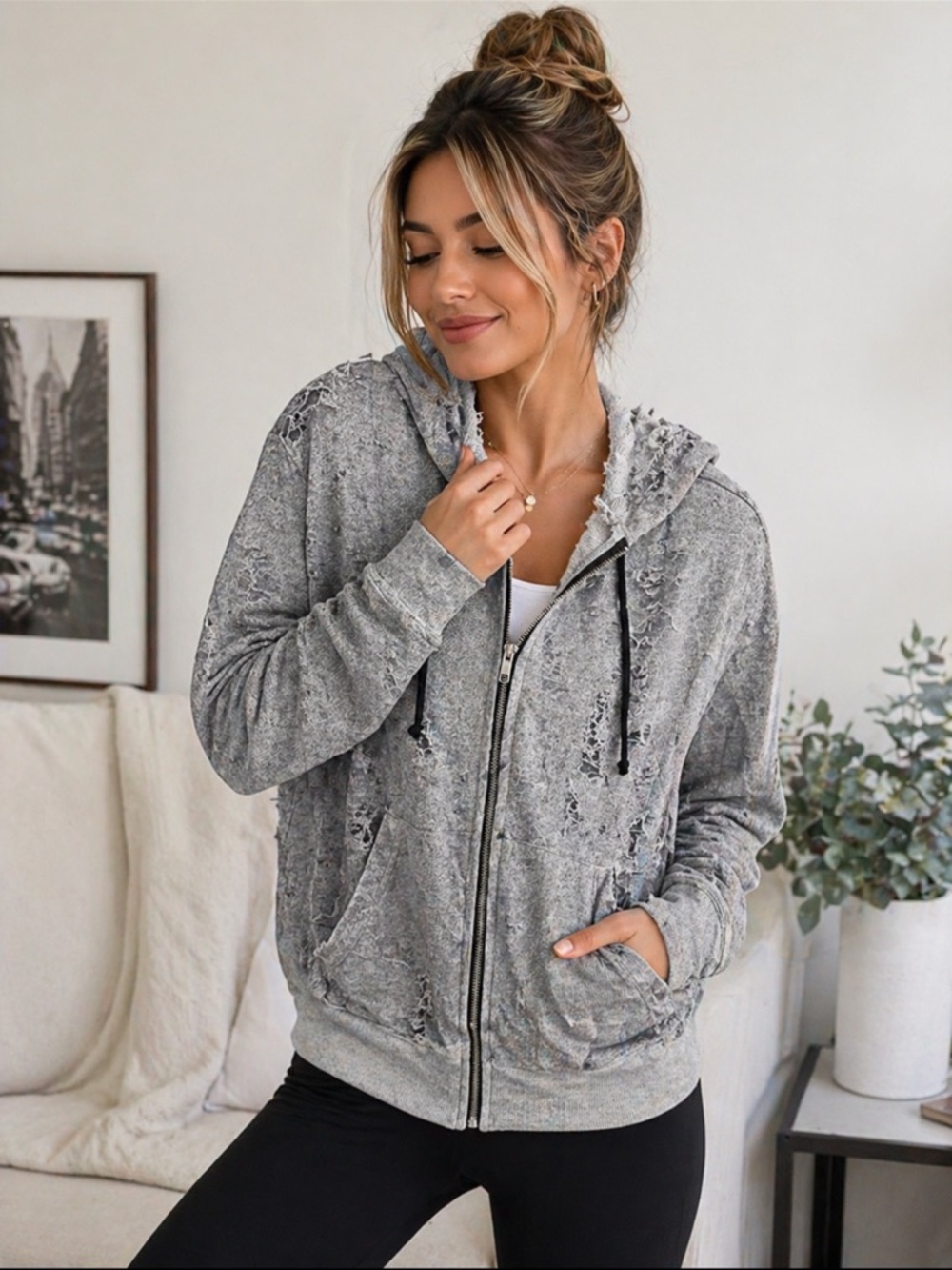 IRO Distressed Gray Zip Hoodie Jacket XL Designer Athleisure